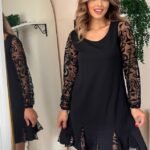 Kadın Uzun Kollu Yuvarlak Yaka Kol Ve Etek Ucu Dantelli Kısa Ithal Krep Elbise