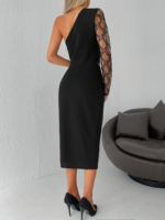 Kadın Siyah Tek Kol Dantel Detay Omuz Dekolte Krep Elbise - Görsel 12