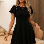 Kadın Kısa Kelebek Kollu Bisiklet Yaka Janjan Krep Elbise