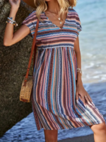 Kadın Kısa Kollu V Yakalı Pile Detay Keten Elbise - Görsel 2