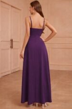 Kadın Ip Askılı Kruvaze Yakalı Yırtmaçlı Uzun Ithal Krep Elbise - Görsel 3