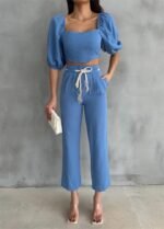 KETEN CROP KARPUZ KOL BLUZ-PANTOLON HASIR KEMERLİ - Mavi - Görsel 3