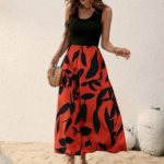 Kadın Askılı Yuvarlak Yaka üst Viskon Alt Desenli Uzun Süprem Elbise