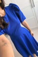 Kadın Kısa Balon Kollu Bisiklet Yaka Geniş Kesim Janjan Krep Elbise - Görsel 7