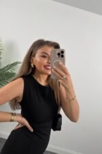 Kadın Askılı Kolsuz Belden Büzgülü Yırtmaçlı Midi Janjan Krep Elbise - Görsel 7