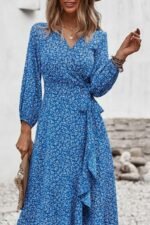 Kadın Uzun Kollu Kruvaze Yaka Yandan Bağlamalı önden Fırfır Detaylı Süprem Uzun Elbise - Görsel 2