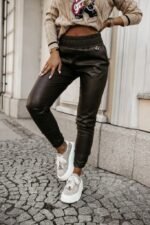 Kadın Yüksek Bel Lastikli Cepli Deri Pantolon - Görsel 2