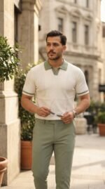 Erkek Renkli Yakalı File Desenli Kısa Kollu Tişört - Görsel 2