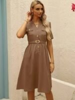 Kadın Kısa Kollu Düğmeli Ve Kemerli Atlas Elbise - Görsel 4