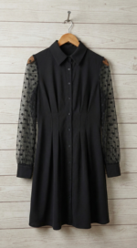 Kadın Uzun Kollu Yakalı Düğmeli Mini Ithal Krep Elbise - Görsel 6