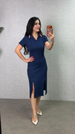 Kadın Polo Yaka çift Yırtmaç Detay Modal Kumaş Midi Boy Elbise - Görsel 5