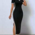 Kadın Kısa Kollu V Yakalı Yandan Yırtmaçlı Viskon Iki Iplik Elbise