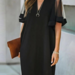 Kadın Tüllü Kısa Kollu V Yaka Krep Elbise