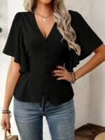 Kadın Kısa Kollu önden Düğmeli Ithal Krep Bluz - Görsel 2