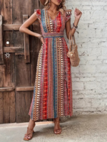 Kadın Kısa Kollu V Yakalı Desenli Yandan Yırtmaçlı Süprem Elbise - Görsel 6