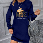 Kadın Uzun Kollu Bisiklet Yaka Ayı Desenli Viskon Iki Iplik Elbise