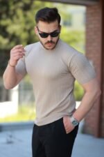 Erkek Bisiklet Yaka örgü Desenli Kısa örme Triko Kısa Kollu T-shirt - Görsel 2