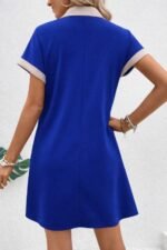 Kadın Kısa Kollu V Yakalı Onden şerit Detaylı Yakalı Kısa Janjan Krep Elbise - Görsel 3