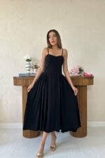 Siyah Göğüs Kuplu Uzun Büzgülü Elbise - Görsel 2