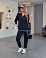 Kadın Uzun Kollu Ribana Ve Fermuar Detay Bluz Ve Yüksel Bel Pantolon 2li Takım - Görsel 2