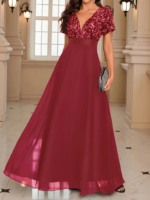 Kadın Kısa Kollu Derin V Yakalı A Kesim Pulpayet Detaylı şifon Nedime Elbisesi - Görsel 2