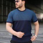 Erkek Renk Bloklu Bisiklet Yaka Kısa Kollu Triko Tişört