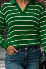 Kadın Uzun Kollu V Yaka çizgili Triko Bluz - Görsel 2