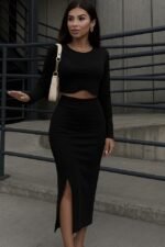 Kadın Uzun Kollu Bisiklet Yaka Kısa Krop Dalgıç Bluz Ile önden Yırtmaçlı Uzun Etek Ikili Takım - Görsel 3