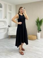 Kadın Askılı Yuvarlak Yakalı Asimetrik Kesim Detaylı Viskon Elbise - Görsel 4