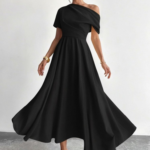 Kadın Omuzdan Açık Kısa Kollu Omuzdan Pileli Uzun Janjan Krep Elbise