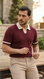 Erkek Renkli Yakalı File Desenli Kısa Kollu Tişört - Görsel 2