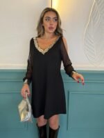 Kadın Uzun Kollu V Yaka Kollar Tül Yırtmaç Detay Kol Manşetleri Ve Yaka Payet Krep Elbise - Görsel 14