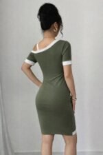 Kadın Kısa Kollu Asimetrik Kesim Yaka şerit Ve Aksesuar Detaylı Modal Elbise - Görsel 4