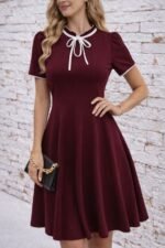 Kadın Kısa Kollu Yakadan Bağcıklı Ve Fırfırlı Midi Janjan Krep Elbise - Görsel 2