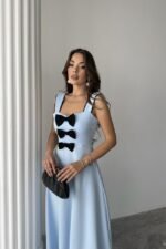 Bebe Mavi Fiyonk Garnili Dantelli Elbise - Görsel 3