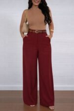 Kadın Yüksek Bel Geniş Paça Detaylı Cepli Ithal Krep Pantolon - Görsel 2