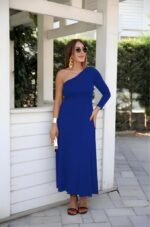 Kadın Uzun Kollu Tek Omuz Detay Krep Elbise - Görsel 2