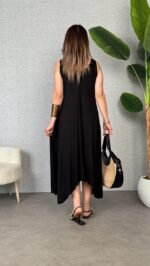 Kadın çan Dokuma Kumaş V Yaka Asimetrik Kesim Elbise - Görsel 3