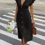 Kadın Kısa Kollu V Yakalı önden Düğmeli Bürümcük Midi Elbise