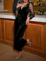 Kadın Uzun Kollu Kruvaze Yakalı Belden Kuşaklı Tül Detaylı Kadife Tulum - Görsel 3