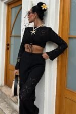 Göğüs Bağcık Detaylı Ajurlu Bluz Pantolon Takım 10098 - Görsel 3