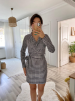 Kadın Uzun Kollu Kruvaze Yaka Bağlamalı Kemer Dalgıç Mini Boy Elbise - Görsel 20