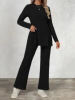 Kadın Uzun Kollu Bisiklet Yaka Yandan Yırtmaçlı şardonlu Kaşkorse Bluz Ve Pantolon Ikili Takım - Görsel 3