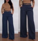 Kadın Yüksek Bel Geniş Paça Detaylı Cepli Ithal Krep Pantolon (kemersiz)