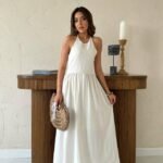 Bej Arkası Gipeli Keten Elbise