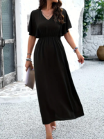 Kadın Kısa Kollu V Yakalı Beli Lastikli Uzun Viskon Elbise - Görsel 5