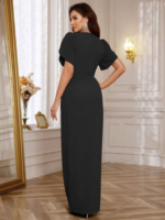 Kadın Kısa Kollu Kruvaze Yakalı Belden çiçek Aksesuarlı Yırtmaçlı Ithal Krep Elbise - Görsel 3