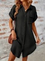 Kadın Kısa Kollu Yakalı önden Düğmeli Bürümcük Kısa Elbise - Görsel 4