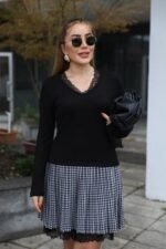 Kadın Uzun Kollu Denteli Yaka Ekose Etek Detay Diz üstü Elbise - Görsel 3