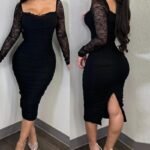 Kadın Uzun Kollu Dantelli Büzgü Detaylı Yırtmaçlı Midi Sandy Elbise